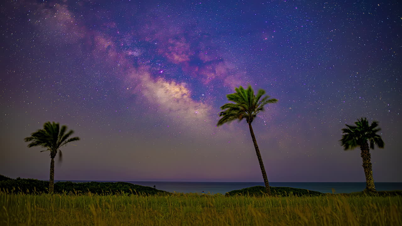 Milky way and shooting stars streaking the sky in the coast. Time lapse