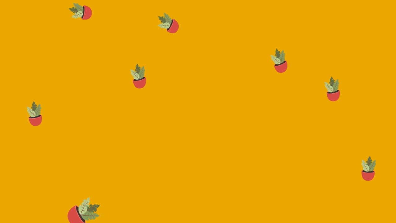animación de la ilustración de plantas de interior en macetas rosadas que caen sobre un fondo amarillo