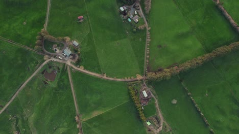 aerial view of farmland, rural landscape with green fields and meadows, countryside scene, birds eye view