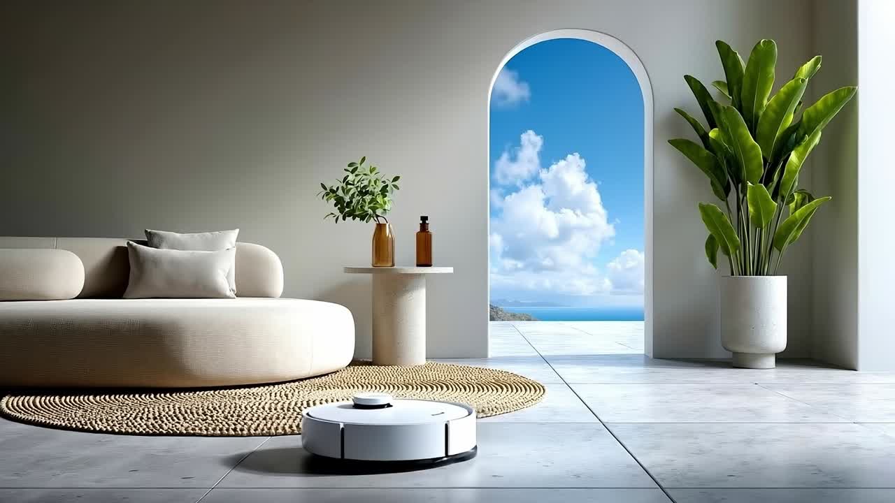 A living room with a white couch and a white robot vacuum cleaner