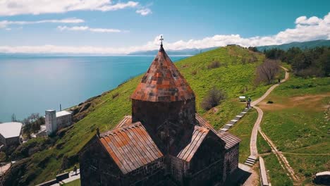 aerial of sevanavank monastery on lake sevan in the caucasus mountains of armenia 1