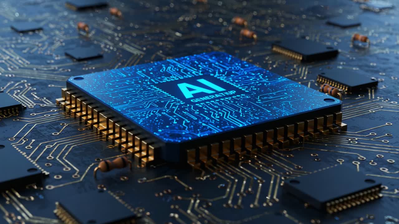 Exploring the Future of Technology: A Close-Up of a Microchip Featuring Advanced AI Capabilities, Showcasing Intricate Circuit Board Designs and Flowing Electrical Patterns