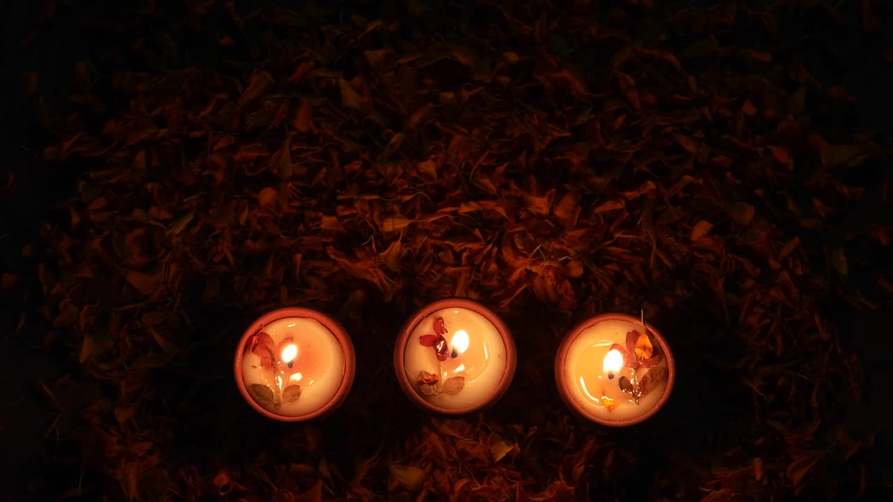 Tilt up to Diyas or lamps lit up for Diwali 'Festival of light', the most important ancient Hindu festival celebrated signifying victory of light over darkness