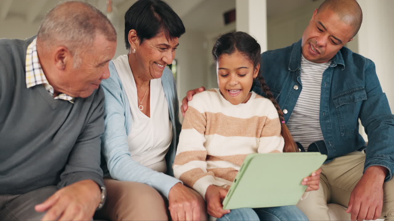 Big family, tablet and happy kid in home