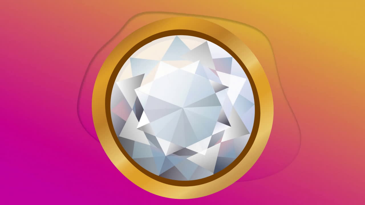Animation of diamond in gold circle frame spinning on yellow to pink background
