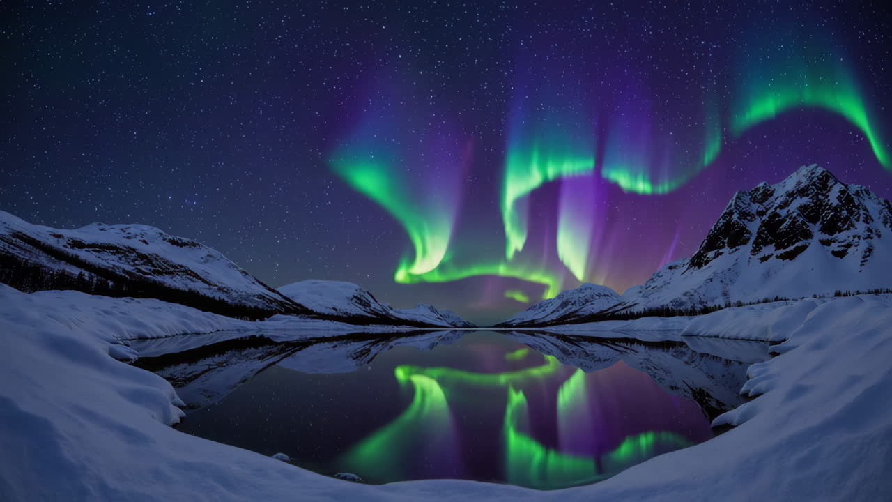 Vibrant Aurora Borealis Reflected in a Serene Snowy Lake