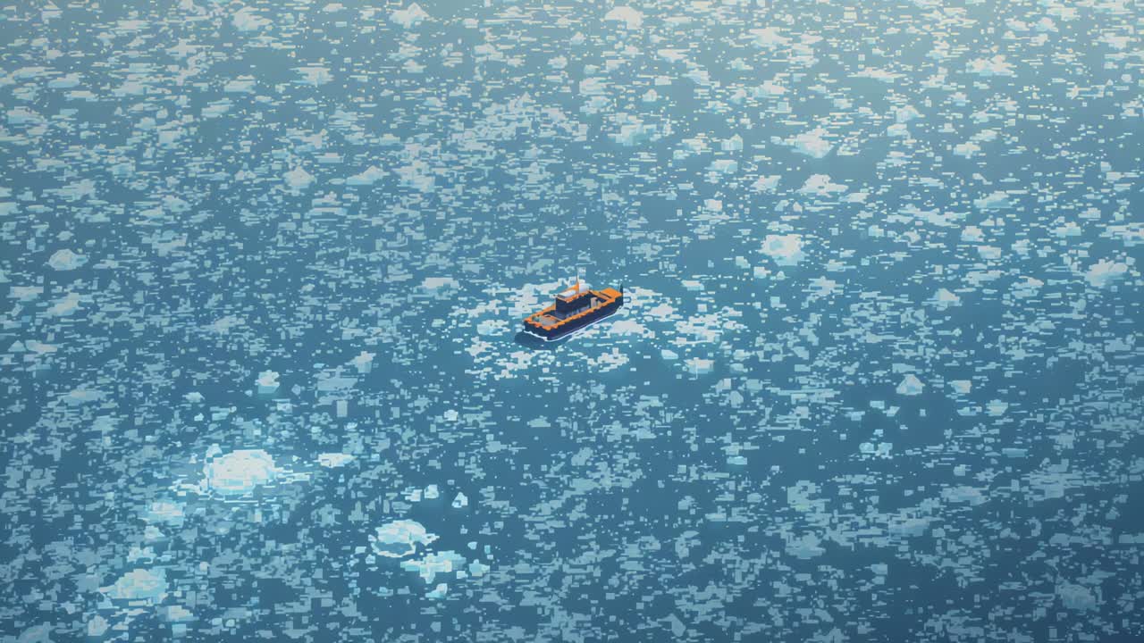 Navigating orange-brown cargo vessel powering through icy sea, clearing floes and leaving wake