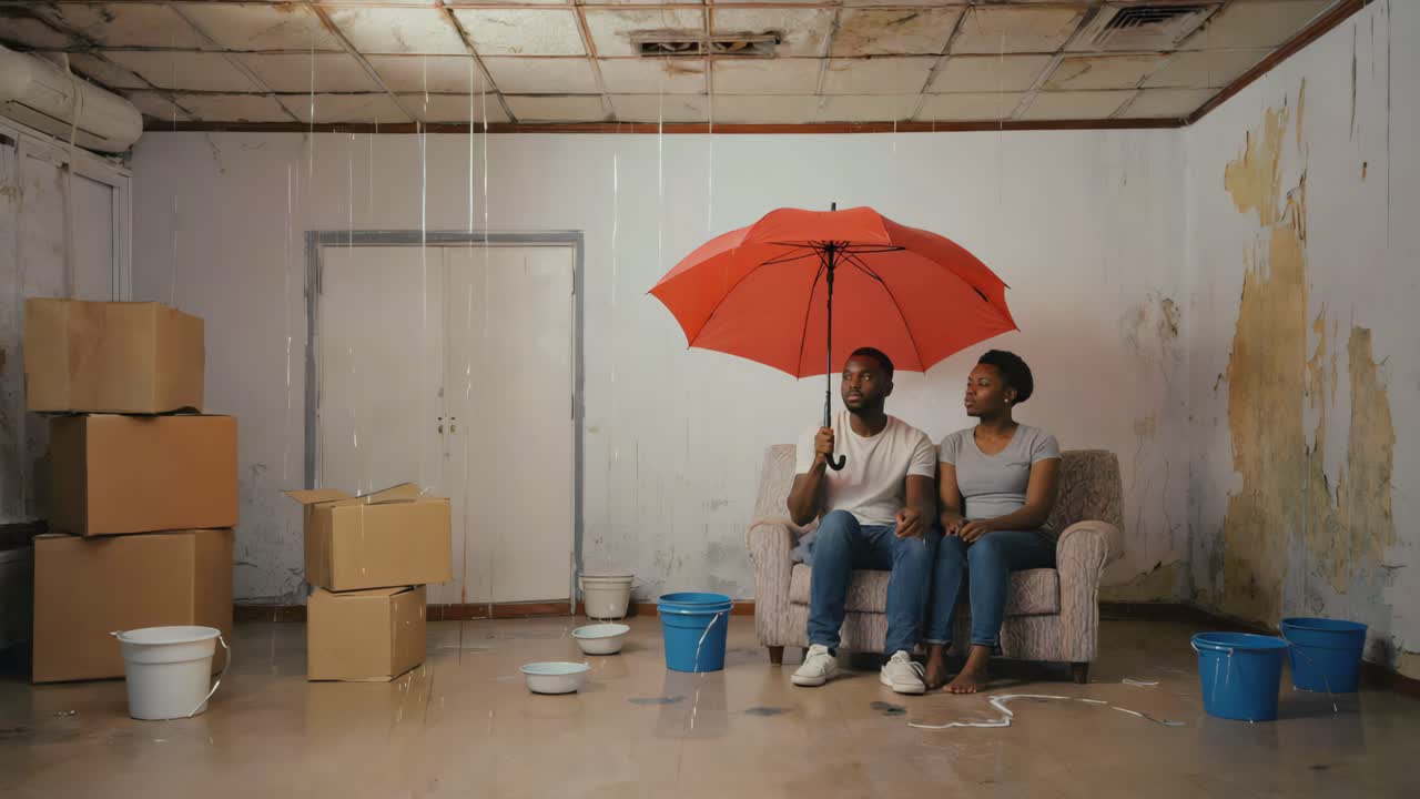 Couple Under Umbrella in Room with Water Damage