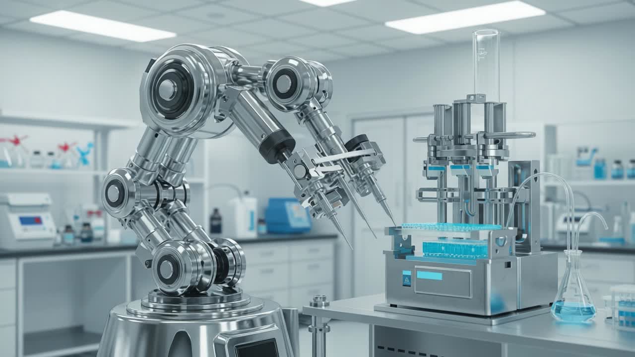 Advanced Robotic Arm Implementing Precision Automation in a Modern Laboratory for High-Throughput Liquid Handling and Sample Preparation