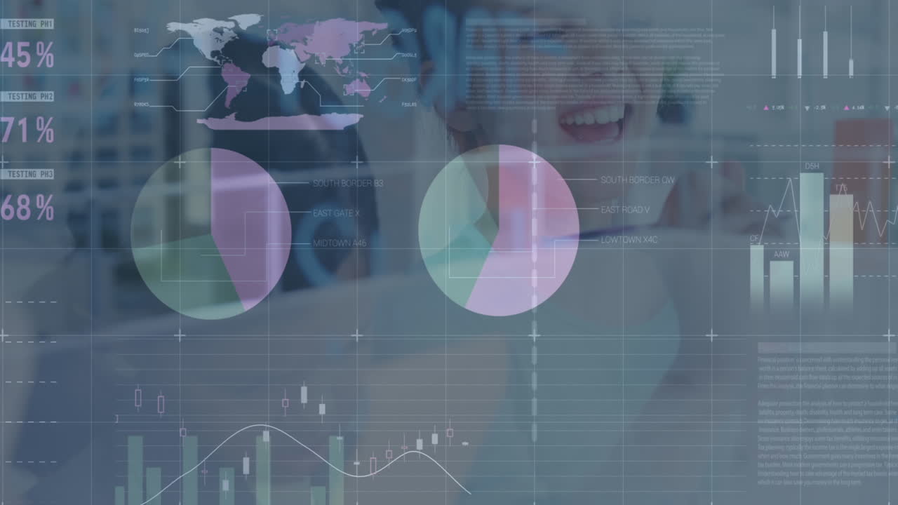 animación del procesamiento de datos financieros sobre una escolar feliz