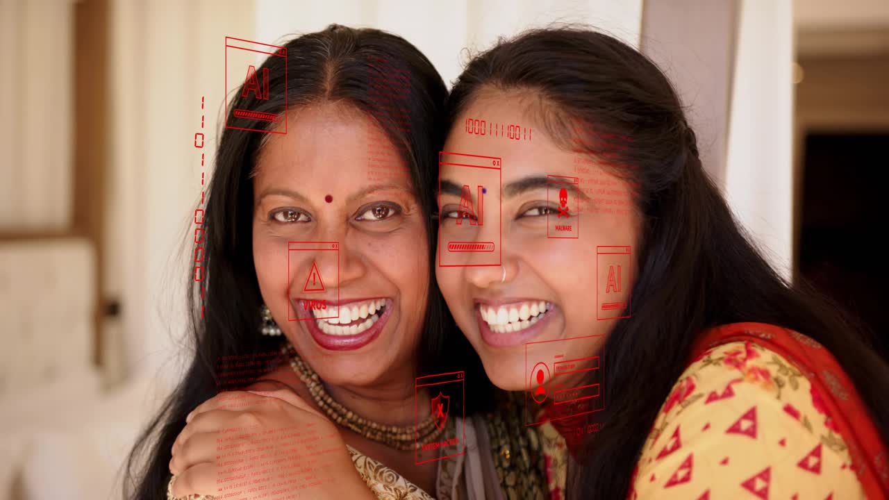 Daughter leaning in, mother-daughter hugging, posing for tech portrait, AI overlay shifting faces