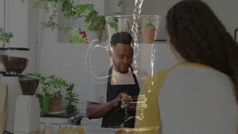 barista taking order using tablet at coffee shop counter, overlay showing glass filling