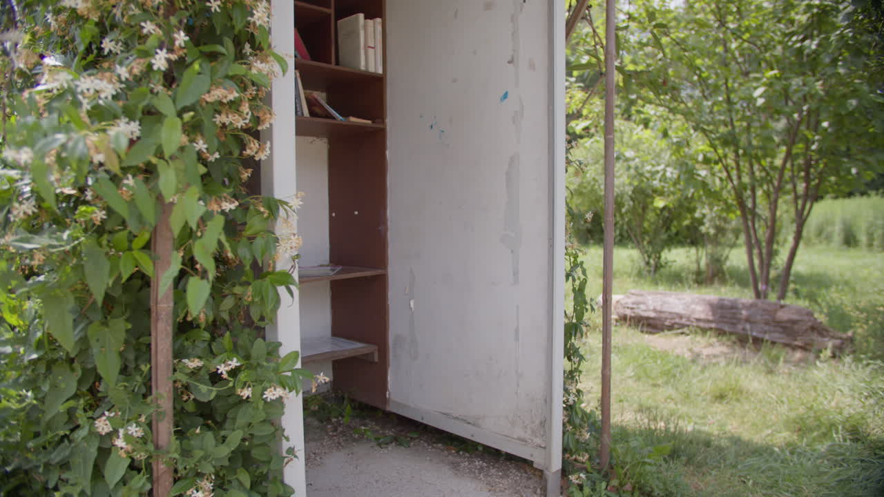 야외 도서관 에서 책 을 가져가는 소녀