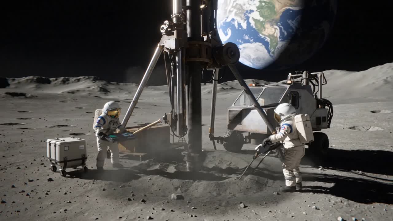 Activating panel, crew in EVA suits operating drill rig on lunar plain, using jackhammer, sampling