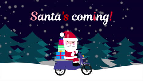 Primer-Plano-Animado-Santa-Viene-Texto-Y-Santa-Claus-En-Motocicleta-En-Fondo-De-Vacaciones-En-El-Bosque-De-Nieve