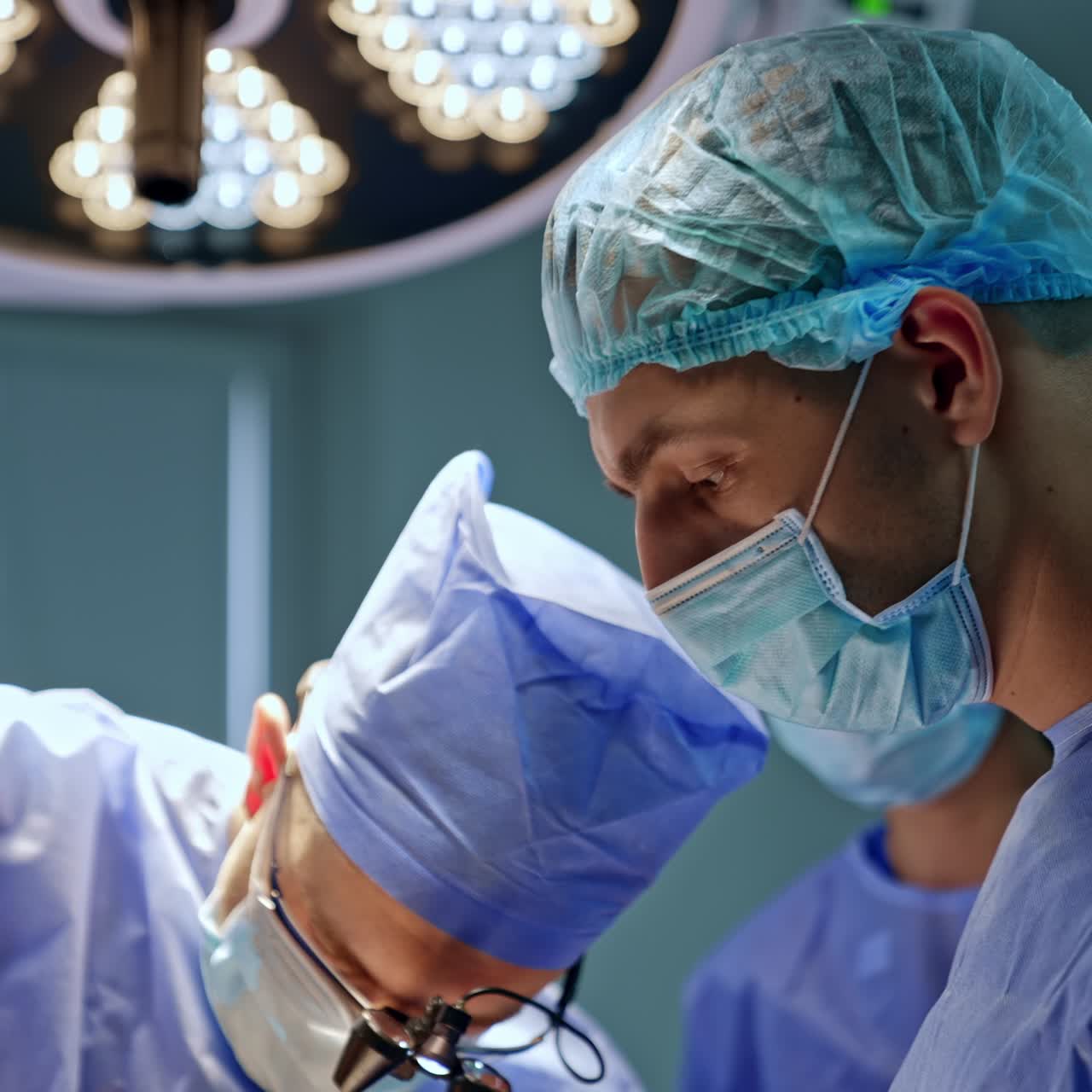 Young male assisting doctor in mask stands near the chief surgeon watching his work attentively. Portrait of a medic helping at operation