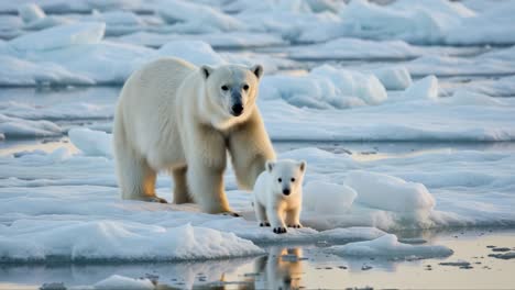 a heartwarming moment: a polar bear mother and her playful cub exploring the icy landscape together, celebrating the beauty of wildlife in the arctic environment