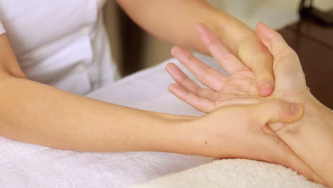 Beauty-therapist-massaging-customers-hands