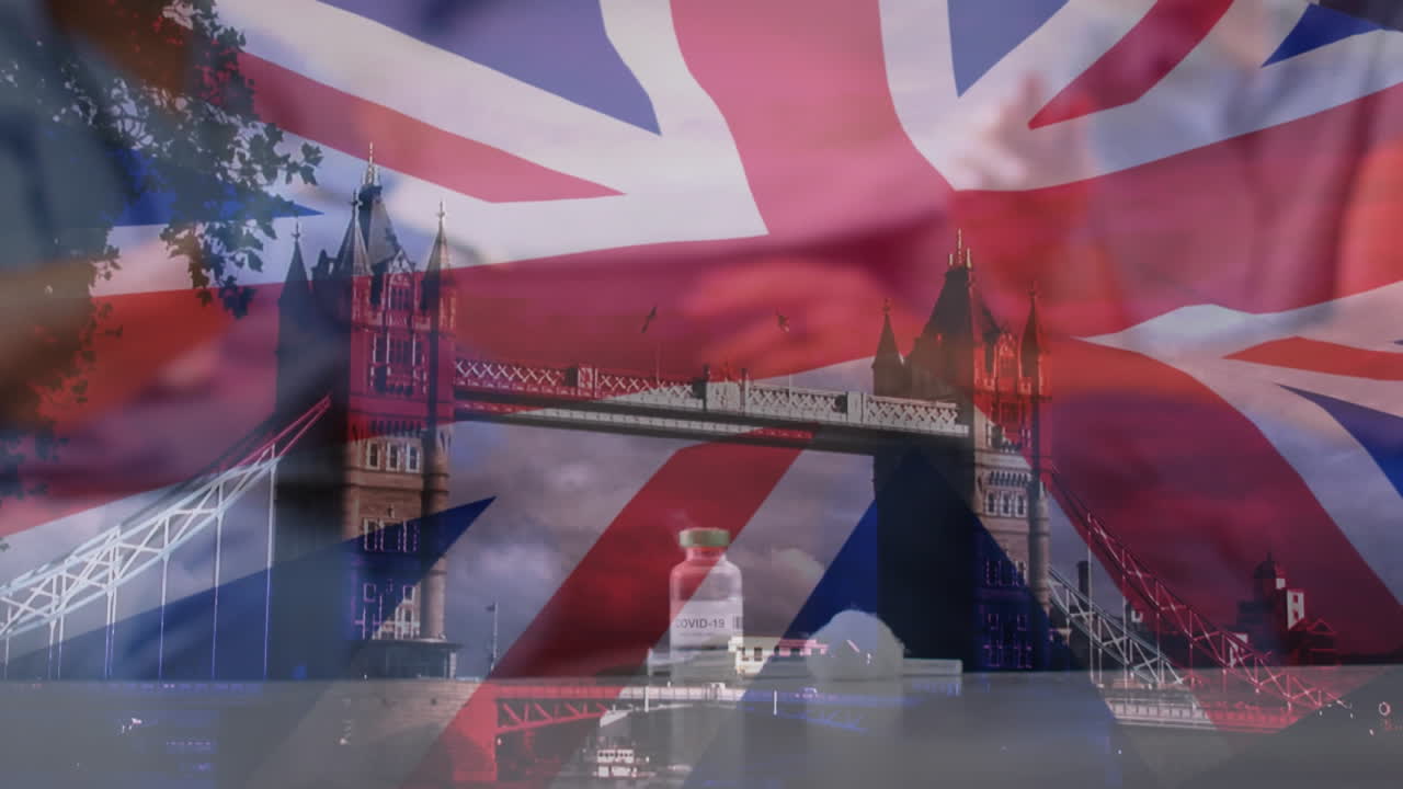 animación de la bandera del reino unido y paisajes de londres con vial de vacuna y jeringa