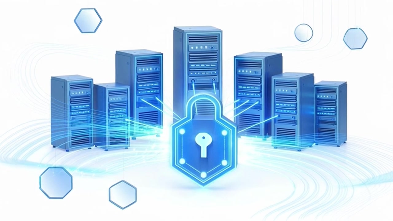 Digital Security Concept with Server Racks and Glowing Shield Icon