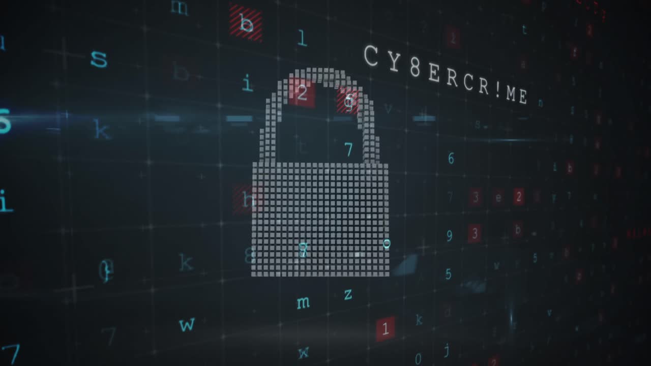 Animation of security padlock over data processing on dark background