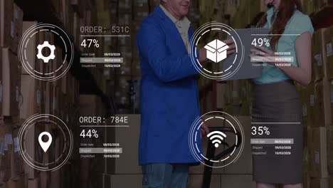 Animation-of-data-processing-against-diverse-male-and-female-supervisors-discusssing-at-warehouse