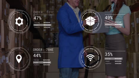 animation of data processing against diverse male and female supervisors discusssing at warehouse