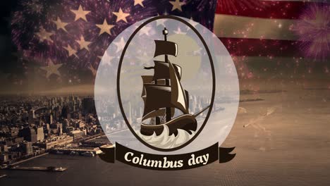 animation of vintage ship and columbus day over flag of usa and american city