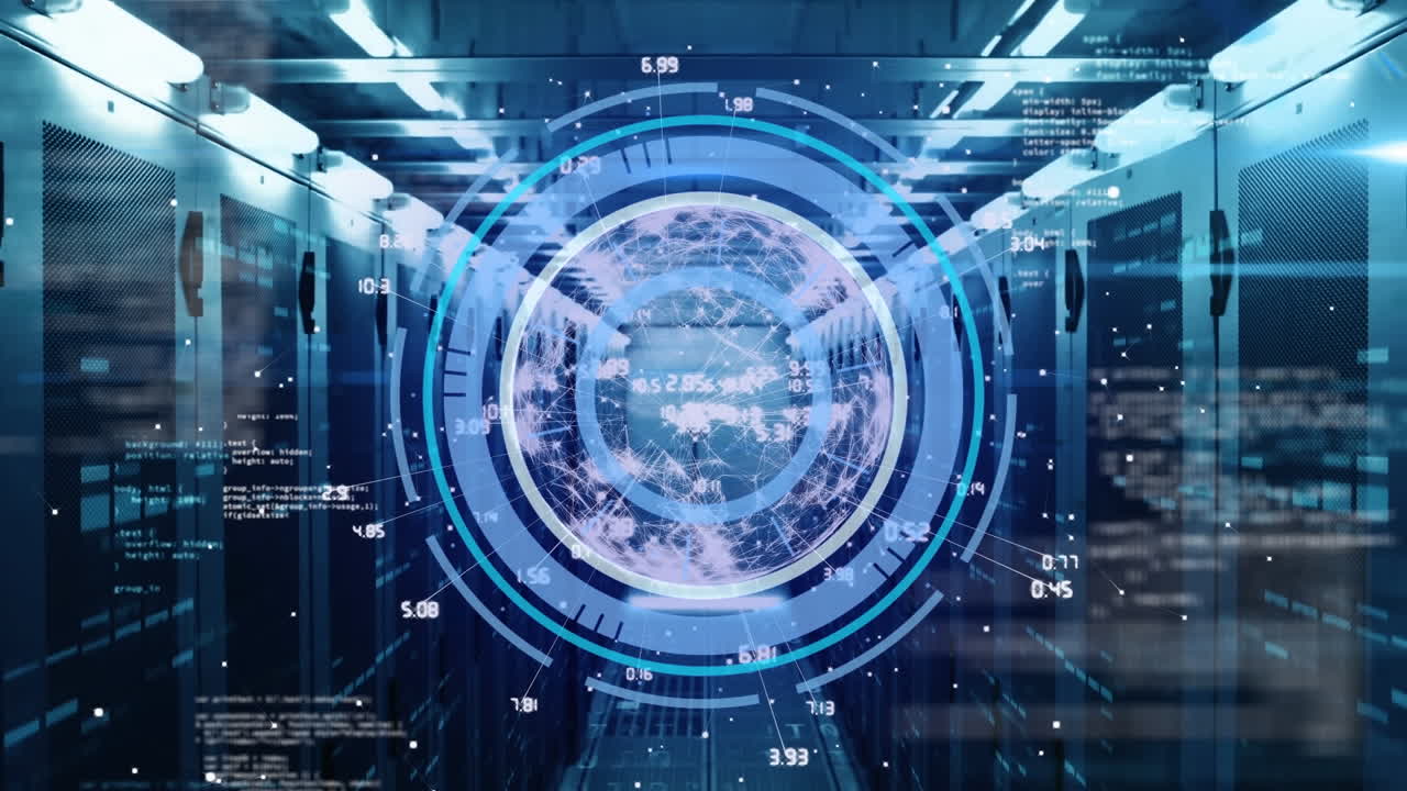 컴퓨터 서버를 통해 범위 스캐닝과 데이터 처리의 애니메이션