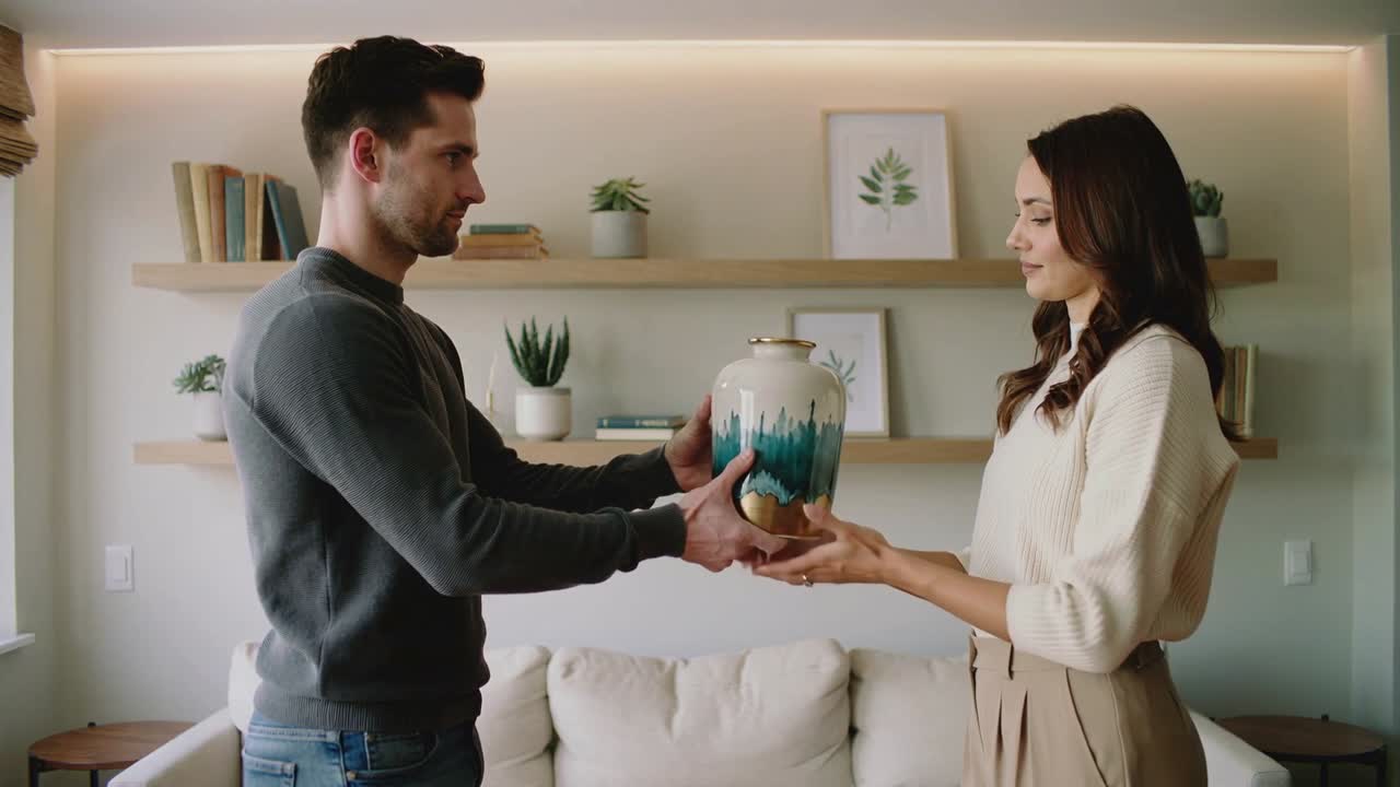 Uomo in maglione grigio e donna in gonna beige che si scambiano un vaso color verde acqua in soggiorno.