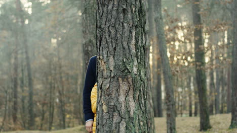 porträtaufnahme eines kaukasischen, gutaussehenden vaters und seines süßen kleinen jungen, der hinter einem baumstamm im wald in die kamera schaut