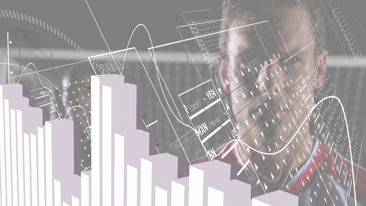 Male athlete rotating soccer ball, wireframes appearing around him, visualizing sports analytics