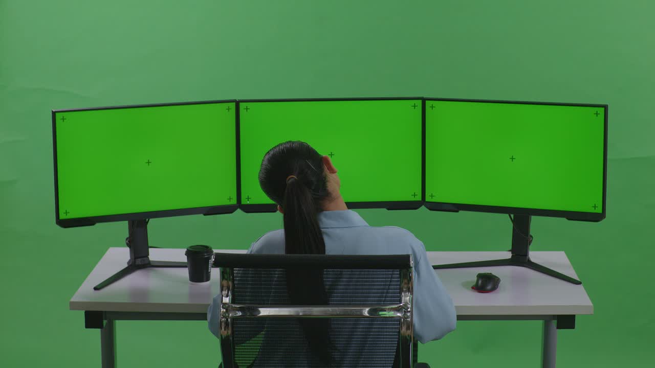 녹색 스크린 스튜디오에서 모의 여러 컴퓨터 모니터와 함께 작업하는 동안 스트레칭하는 피곤한 아시아 여성의 뒷면