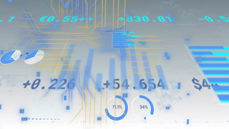 financial data and statistics animation over abstract background with numbers and charts