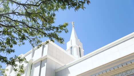 Toma-Amplia-Desde-Debajo-Del-árbol-De-La-Abundante-Fachada-Del-Templo-De-Utah-Y-La-Torre-Principal