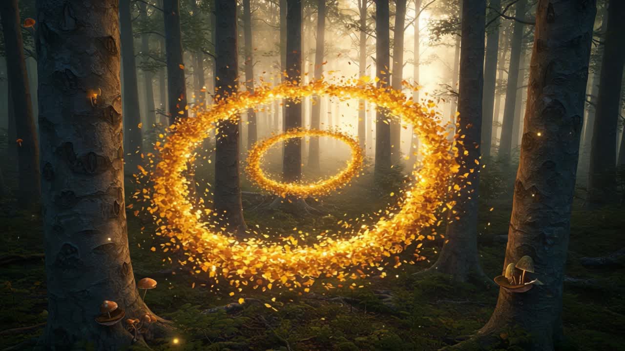 A Mystical Spell in a Magical Forest: Glowing Golden Swirls of Light Surrounded by Tall Trees in an Enchanted Landscape Filled with Leaves and Mushrooms