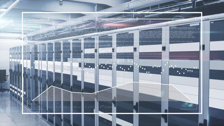 Animation of statistical data processing against light trails over computer server room