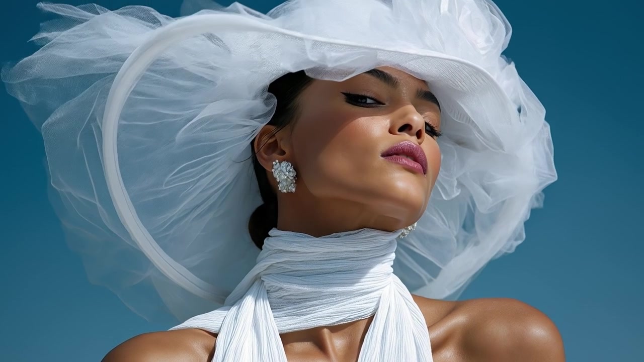 Sofistikeret kvinde med en stor hvid bredskygget hat på og et matchende tørklæde mod en blå baggrund.