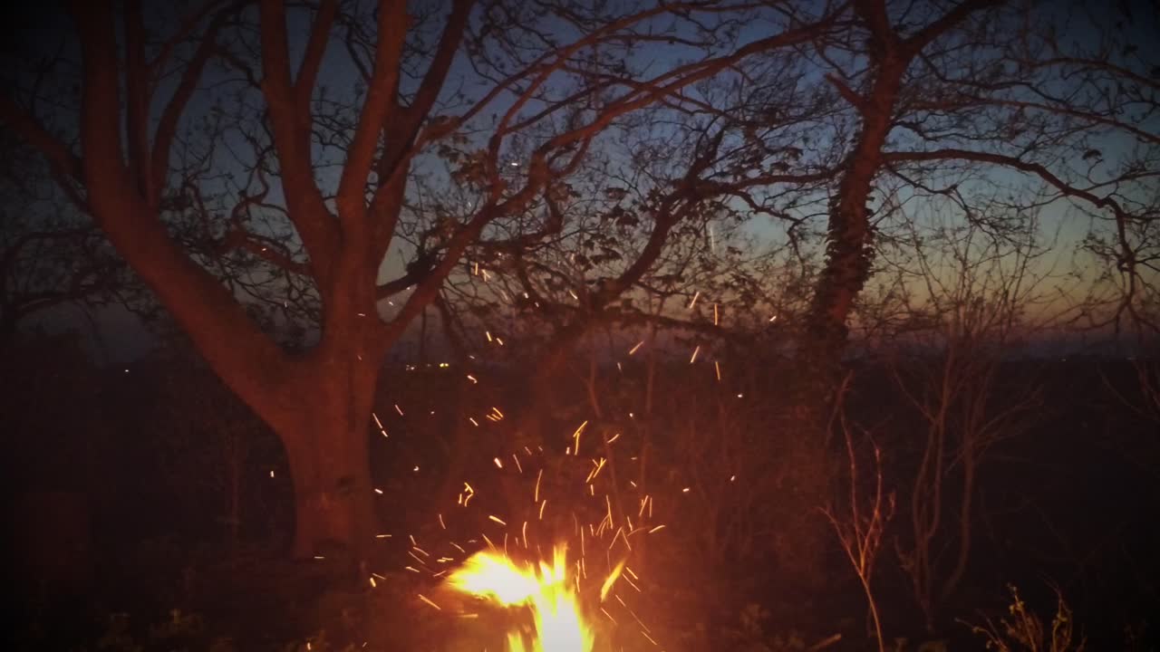 Bon fire in the night burning garbage and wood