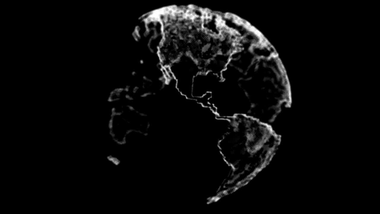 흑색 배경에 회전하는 3점 다각형 행성 지구, 루프 가능한 4k 비디오 애니메이션.