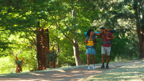 couple with backpacks giving each other high five on vacation hiking through countryside together