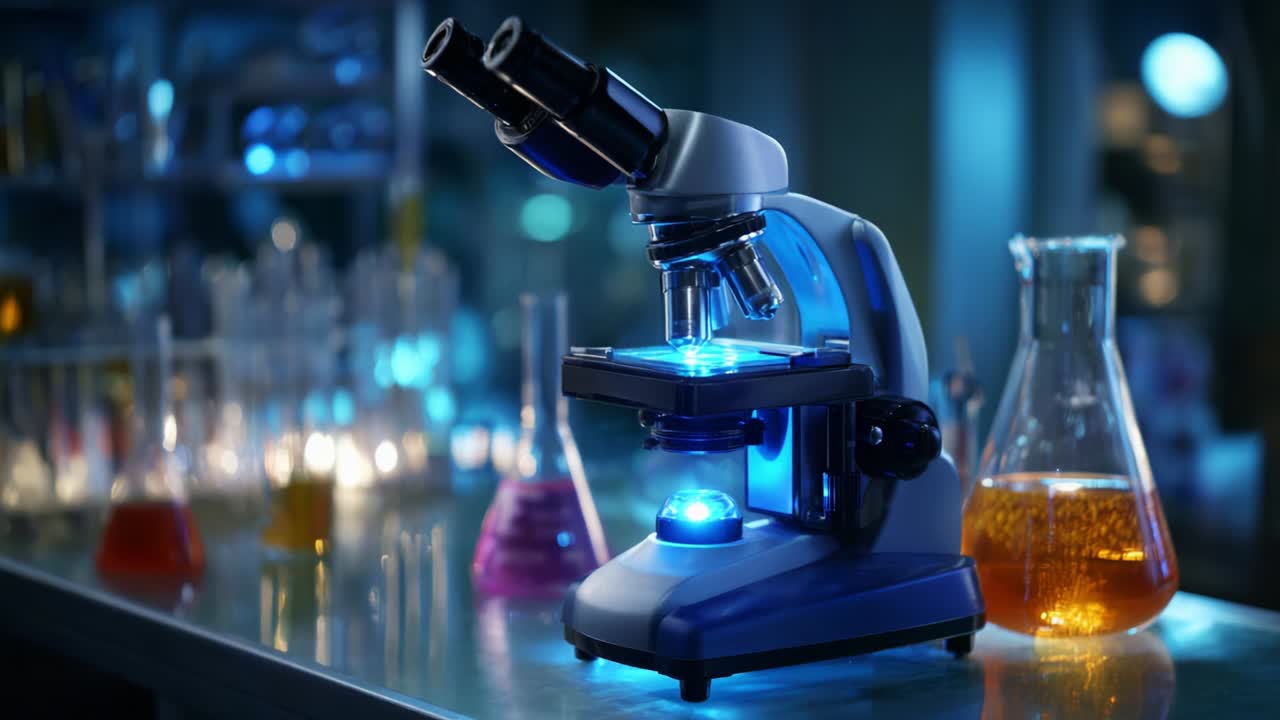 Exploring the Fascinating World of Microscopy: A Detailed Close-Up View of a Modern Microscope Surrounded by Colorful Laboratory Glassware Filled with Various Chemicals and Solutions in a Dynamic Scientific Environment