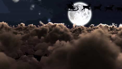 Animation-of-santa-claus-in-sleigh-with-reindeer-over-clouds-and-moon