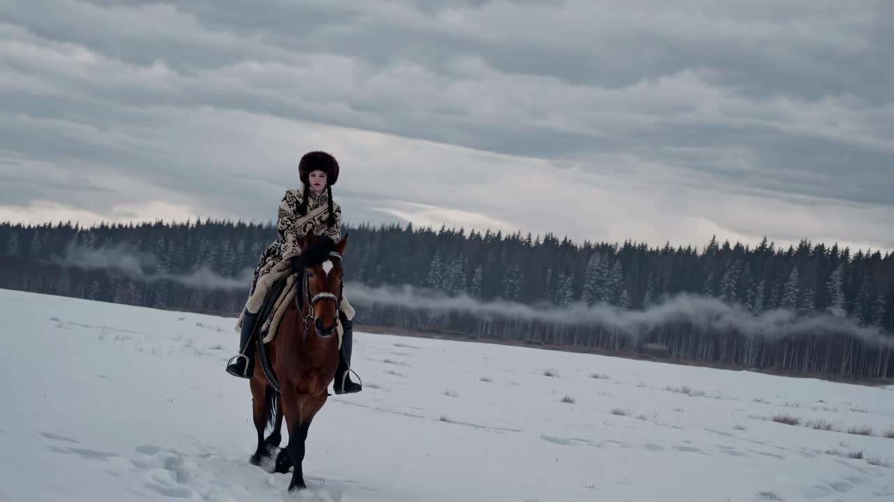 A wide-angle video shot of a person in traditional attire riding a horse across a snowy field