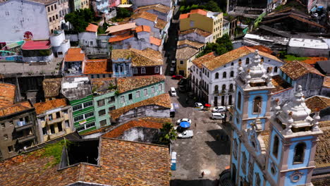 Aerial-view-of-a-top-of-a-church-close-to-Pelourinho,-Salvador,-Bahia,-Brazil