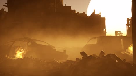 a-dystopian-destroyed-ruined-city-on-sunset,-with-debris,-two-damaged-cars,-smoke-and-fire,-3D-animation,-animated-scene,-camera-zoom-in-slowly