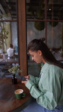 woman using phone in a cafe