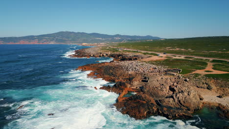 foamy rocky sea coast with stormy waves crashing on cliffs splashing aerial view