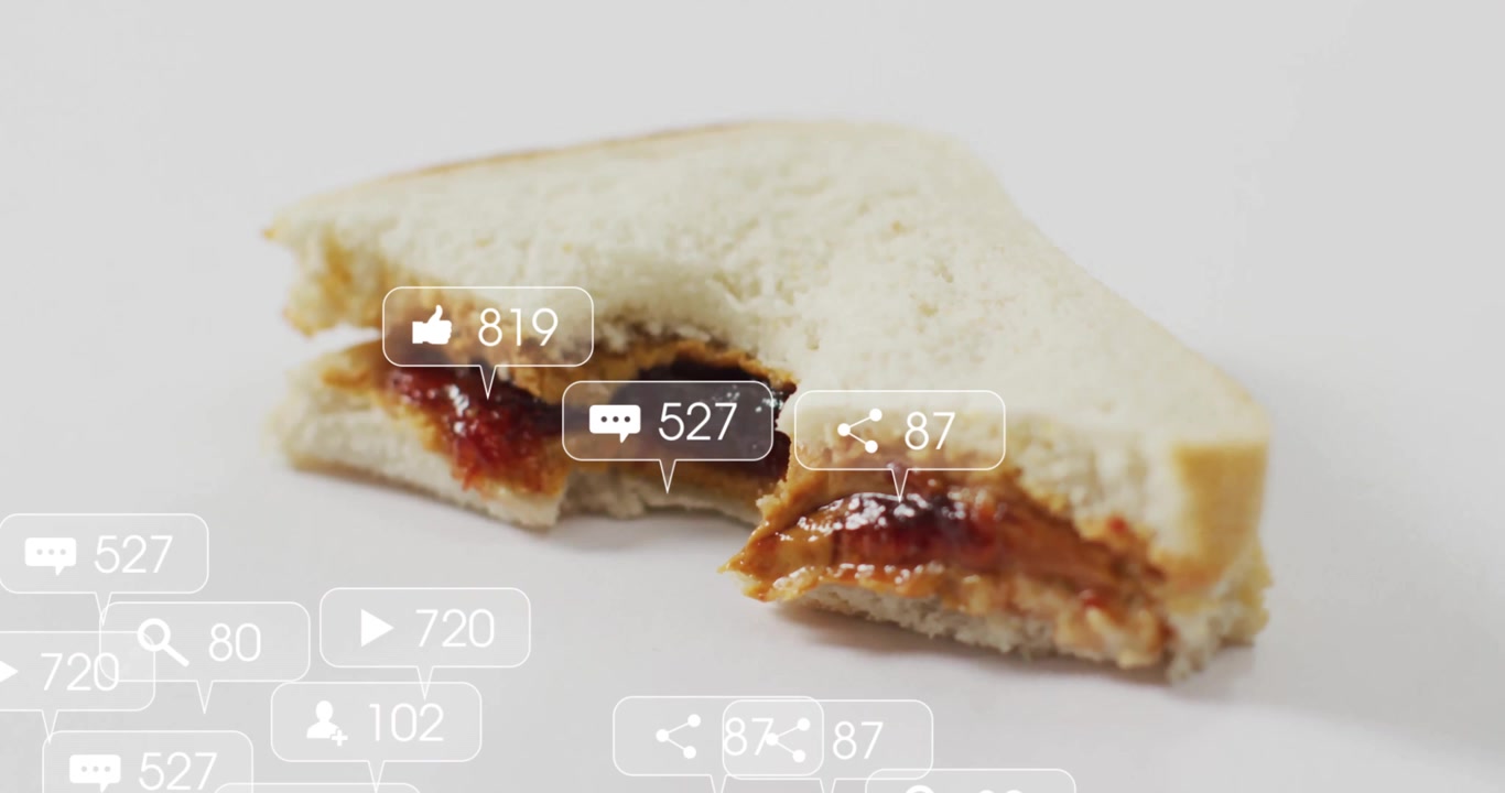 Peanut butter jelly sandwich resting on white surface, social media icons floating in flat design