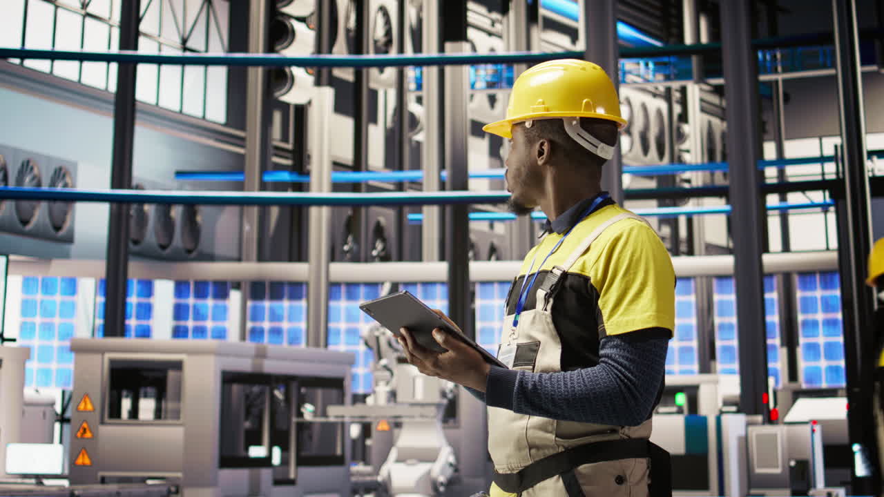 Vertical video Smart factory repairman using tablet to analyze IoT sensors data